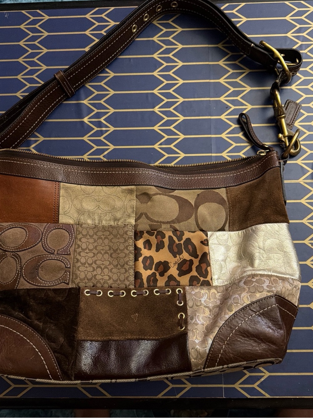 Coach Patchwork Signature & Leather Shoulder Bag - Brown, Tan, Cream